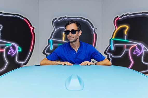 Alex Israel with his video installation REMEMBR&nbsp;(2023) at Art Basel Miami Beach, December 2023. Artwork © Alex Israel. Photo: courtesy Art Basel and BMW