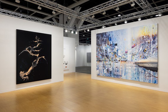 Gagosian’s booth at Art Basel Hong Kong 2024. Artwork, left to right: © Zeng Fanzhi, © Jonas Wood, © Sarah Sze. Photo: Ringo Cheung