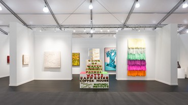 Gagosian’s booth at Frieze Los Angeles 2024. Artwork, front to back: © Lauren Halsey, © Cy Gavin, © Theaster Gates. Photo: Ed Mumford