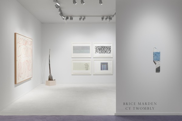 Gagosian’s booth at TEFAF 2024. Artwork, left to right: © Cy Twombly Foundation; © 2024 Estate of Brice Marden/Artists Rights Society (ARS), New York. Photo: Dan Bradica