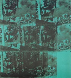 <p>Andy Warhol, <em>Green Car Crash</em>, 1963 (detail), acrylic and silkscreen ink on linen, 90 × 80 inches (228.6 × 203.3 cm). Private collection. Photo: Rob McKeever</p>
