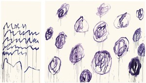 <p>Cy Twombly, <em>Untitled</em>, 2007, acrylic on canvas, left panel: 120 ⅞ × 59 ⅞ inches (307 × 152 cm); right panel: 118 ⅛ × 149 ⅝ inches (300 × 380 cm) © Cy Twombly Foundation<br><br></p>