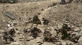 Jeff Wall, Dead Troops Talk (a vision after an ambush of a Red Army Patrol, near Moqor, Afghanistan, winter 1986), 1992, transparency in lightbox, 90 ⅛ × 164 ⅛ inches (229 × 417 cm)