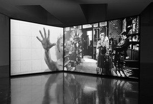 <p>Douglas Gordon, <em>24 Hour Psycho Back and Forth and To and Fro</em>, 2008, two translucent projection screens showing two 4:3 ratio film projections, viewable from all sides, 24 hours, loop. © Studio lost but found/VG Bild-Kunst, Bonn 2018. <em>Psycho</em>, 1960, USA, directed and produced by Alfred Hitchcock, distributed by Paramount Pictures © Universal City Studios. Photo: Rob McKeever</p>