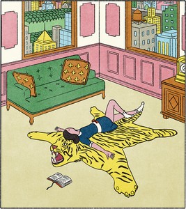 Illustration of a figure laying on top of a tiger-sharped rug