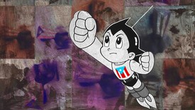 Still from Juan Sánchez, Unknown Boricua Streaming: A Nuyorican State of Mind, 2011 (still), video, picturing a cartoon in a superhero pose against a backdrop of a Puerto Rican flag collage in muted colors