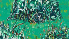 Cy Gavin, Untitled (Paths in a meadow), 2022, acrylic and vinyl on canvas, 42 × 75 inches (106.7 × 190.5 cm)