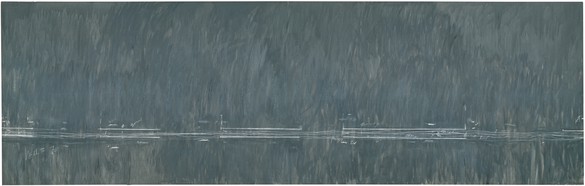 Cy Twombly, Treatise on the Veil (Second Version), 1970 [Rome], oil-based house paint and wax crayon on canvas, 118 ⅛ × 393 ⅝ inches (300 × 999.8 cm), The Menil Collection, Houston. Artwork © Cy Twombly Foundation