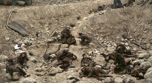 <p>Jeff Wall, <em>Dead Troops Talk (a vision after an ambush of a Red Army Patrol, near Moqor, Afghanistan, winter 1986)</em>, 1992, transparency in lightbox, 90 ⅛ × 164 ⅛ inches (229 × 417 cm)</p>
