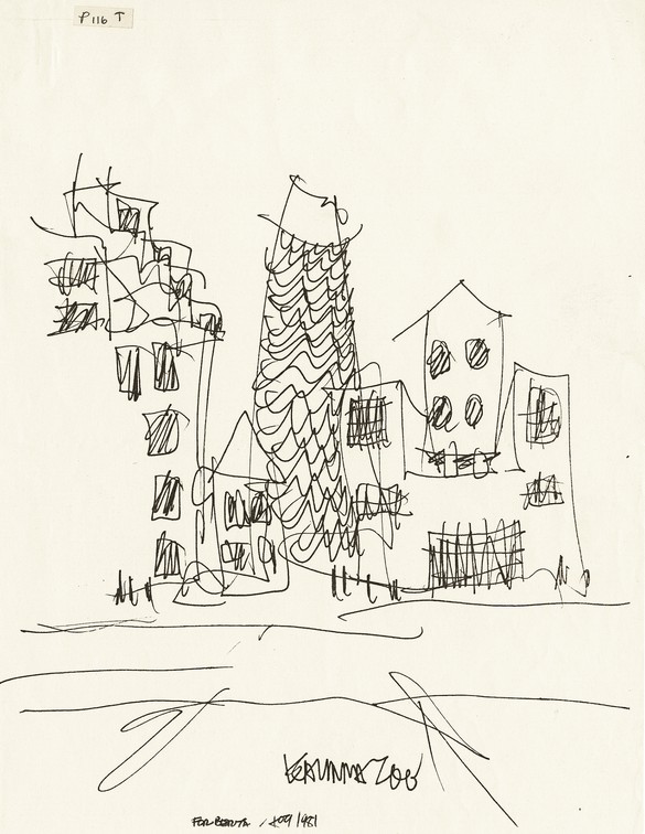 Frank Gehry, drawing for mixed-use urban redevelopment proposal, Central Business District, Kalamazoo, Michigan, 1981. Image: courtesy Gehry Partners, LLP
