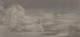 Hao Liang, Eight Views of Xiaoxiang—Relics, 2015–16, ink on silk, 72 ½ × 152 ⅜ inches (184 × 387 cm).