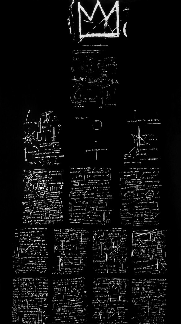 Jean-Michel Basquiat, Tuxedo, 1983, silkscreen on canvas, edition of 10, 102 ¾ × 59 ¾ inches (261 × 151.8 cm). Photo: Rob McKeever