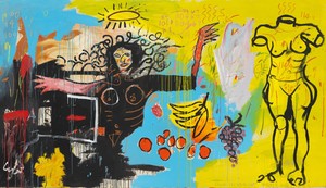 Jean-Michel Basquiat's artwork "Untitled" (1982) includes a painting of two figures: the one on the left has a halo above their head and the one on the right has no head