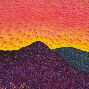 <p>Jennifer Guidi, <em>Hawk Soars Skyward (Painted Natural Sand, Yellow-Orange-Pink Sky, Green, Purple and Black Mountains, Red, Blue, Purple, Turquoise, Yellow, Orange, Lavender and Green, Black Ground)</em>, 2023 (detail), sand, acrylic, and oil on linen, 27 × 34 inches (68.6 × 86.4 cm). Photo: Brica Wilcox</p>