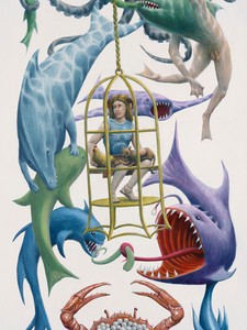 artwork by Jim Shaw of a person holding a cat and a chicken inside a cage, with evil sea creatures surrounding them
