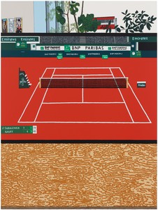 Jonas Wood's painting of a tennis court, the floor is red