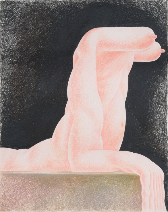 Louise Bonnet, Resting Sphinx Black Background, 2021, colored pencil on paper, 24 × 19 inches (61 × 48.3 cm)