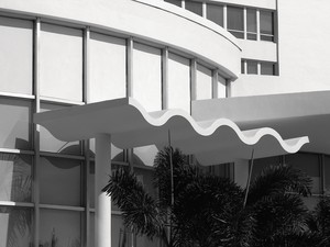 Black and white image of a detail of the Fontainebleau Hotel in Miami Beach