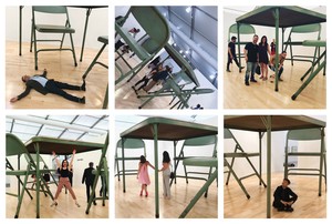 <p>Robert Therrien, <em>No title (folding table and chairs, green),</em> 2008, installation views, Frieze New York, 2018</p>