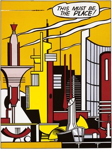 Roy Lichtenstein's "This Must Be the Place" is a lithograph of a city in the colors red, yellow, black, blue, and white