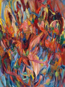 Sabine Moritz's abstract painting "Conquistador" features many different colored brushstrokes, including: coral, green, orange, sky blue, burgundy, yellow, etc