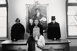 <p>Left to right: Thomas McEvilley, Ulay (hiding behind a slab of wood), Eric Orr, and James Lee Byars, c. 1995 © Ulay, courtesy ULAY Foundation/Artists Rights Society (ARS), New York</p>