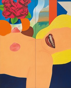 Tom Wesselman's artwork "Great American Nude #53" features a painting of a blonde woman reclining, she has only a smiling mouth, and there is a bouquet of roses placed behind her