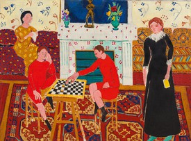 Henri Matisse, The Painter’s Family, 1911, oil on canvas, depicting a living-room scene with two boys in red playing chess