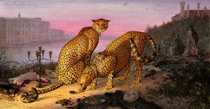 Walton Ford's artwork "La Marchesa" is a painting that features two cheetahs, the first is looking directly at the viewer while the second is eating a fish