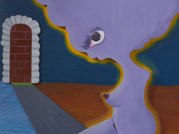 Alexandria Smith's painting, Languorous undulations (in the temple of my familiar), 2022, mixed media on three-dimensional wood assemblage, depicting a purple figure with a cloud-shaped head and one eye standing on a road and dipping a toe into a river. There is a bricked-up doorway in the background.
