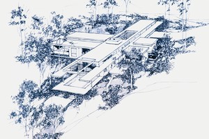 <p>Frank Gehry, Steeves House, Los Angeles, California, 1958–59: perspective from valley side, reproduction of original drawing</p>