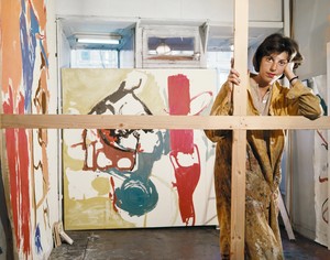 <p>Frankenthaler in her studio at Third Avenue and East 94th Street, New York, with <em>Mediterranean Thoughts</em> (1960, in progress, left) and <em>Figure with Thoughts</em> (1960, in progress, center), March 1960. Photo by Tony Vaccaro</p>