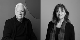 Black and white composite image of Michael Craig-Martin and Jan Dalley
