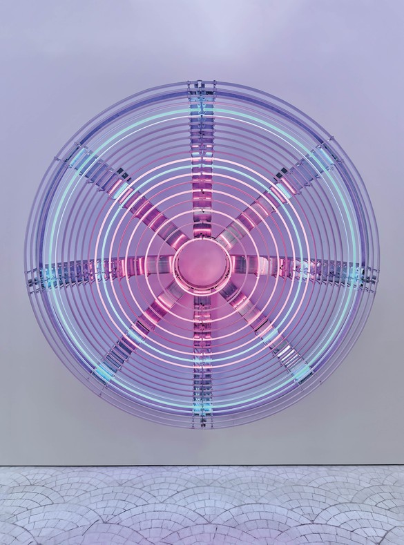 Carsten Höller, Decimal Clock (Blue and Orange), 2023, neon, cables, aluminum structure, DMX boxes, and controller, 91 ⅜ × 91 ⅜ inches (232 × 232 cm). Photo: Thomas Lannes