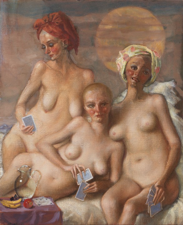 John Currin, Tempestarii, 2023, oil on canvas, 17 × 14 inches (43.2 × 35.6 cm) ©&nbsp;John Currin