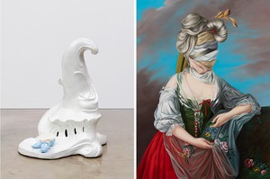 <p>Left: Rachel Feinstein, <em>Corine</em>, 2018, majolica, 51 ¼ × 37 ⅜ × 49 ¼ inches (130 × 94.9 × 124.9 cm) © Rachel Feinstein. Photo: Jeff McLane. Right: Ewa Juszkiewicz, <em>Untitled (after Elisabeth Vigée Le Brun)</em>, 2021, oil on canvas, 63 × 47&nbsp;¼ inches (160 × 120 cm) © Ewa Juszkiewicz</p>