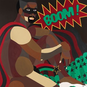 Derrick Adam's artwork "Super Nude 3" features a painting of a man sitting, he wears an superhero cape and mask, and the word "Boom!" is painted next to him