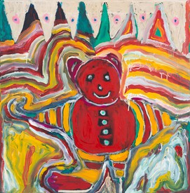 Colorful painting of a teddy bear with a swirling design motif as the background