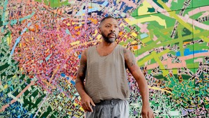 <p>Kyle Abraham performing in front of Rick Lowe’s painting <em>Cavafy Remains&nbsp;</em>(2024) inside the exhibition<em>&nbsp;Social Abstraction</em> at Gagosian, Beverly Hills, 2024. Artwork © Rick Lowe Studio. Photo: Pushpin Films</p>