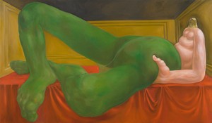 <p>Louise Bonnet, <em>Green Pantyhose</em>, 2022, oil on linen, 84 × 144 inches (213.4 × 365.8 cm)</p>