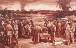 Mark Tansey's "Study for 'Triumph of the New York School'" (1984) is a painting of a group of people standing on a battlefield