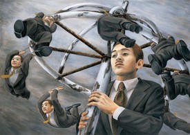 Painting in gray tones of a man in a suit and tie holding an industrial-looking carousel from which identical suited men hang as if on a dilapidated carnival ride