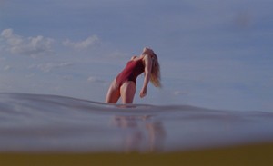 Person wearing a red bathing suit stands in a large body of water