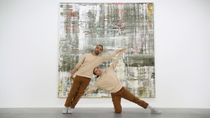 <p>Rashaun Mitchell and Silas Riener in <em>Gagosian Premieres: Gerhard Richter</em>, filmed in the exhibition <em>Gerhard Richter: Cage Paintings</em>, Gagosian, 541 West 24th Street, New York, 2021. Artwork © Gerhard Richter. Still: Little Dot Studios</p>