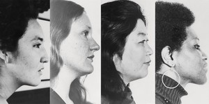 <p>Headshots of Cecilia Sandoval, Mary Lucier, Shigeko Kubota, and Charlotte Warren for <em>Red, White, Yellow, and Black Concert</em> poster, 1972. Photo: Mary Lucier, courtesy Shigeko Kubota Video Art Foundation</p>