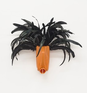 Romuald Hazoumè, Bouga, 2024, plastic, feathers, and copper, 21 ¼ × 23 ⅝ × 8 ¾ inches (54 × 60 × 22 cm). Photo: Thomas Lannes
