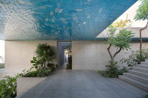 Installation view of Sarah Crowner's "Ceiling (Stretched Pentagons)" (2022) features a mosaic-like artwork on a ceiling