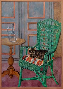 <p>Setsuko, <em>Chat assis sur fauteuil en osier vert&nbsp;</em>(Cat sitting on green wicker chair), 1996–97, oil and gouache on paper, 45 ½ × 31 ½ inches (115.5 × 80 cm) © Setsuko. Photo: Zarko Vijatovic</p>