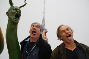 <p>Damien Hirst and Ashley Bickerton during installation of the exhibition <em>Ashley Bickerton: Ornamental Hysteria&nbsp;</em>at Newport Street Gallery, London, 2017. Photo: courtesy Bickerton Studio</p>