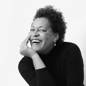 Black-and-white portrait of Carrie Mae Weems